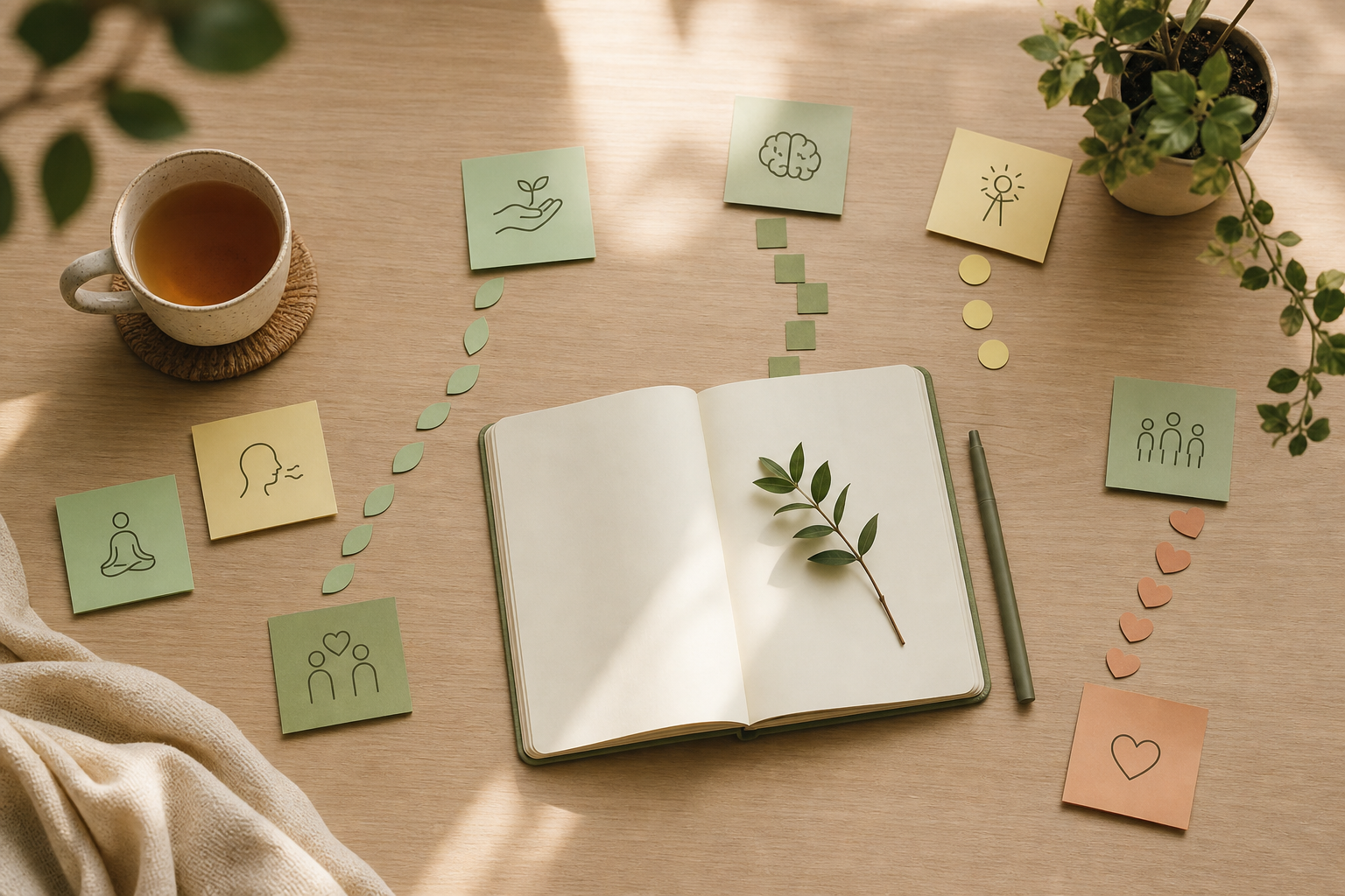 Caderno e anotações em uma mesa iluminada, sugerindo diferentes caminhos terapêuticos