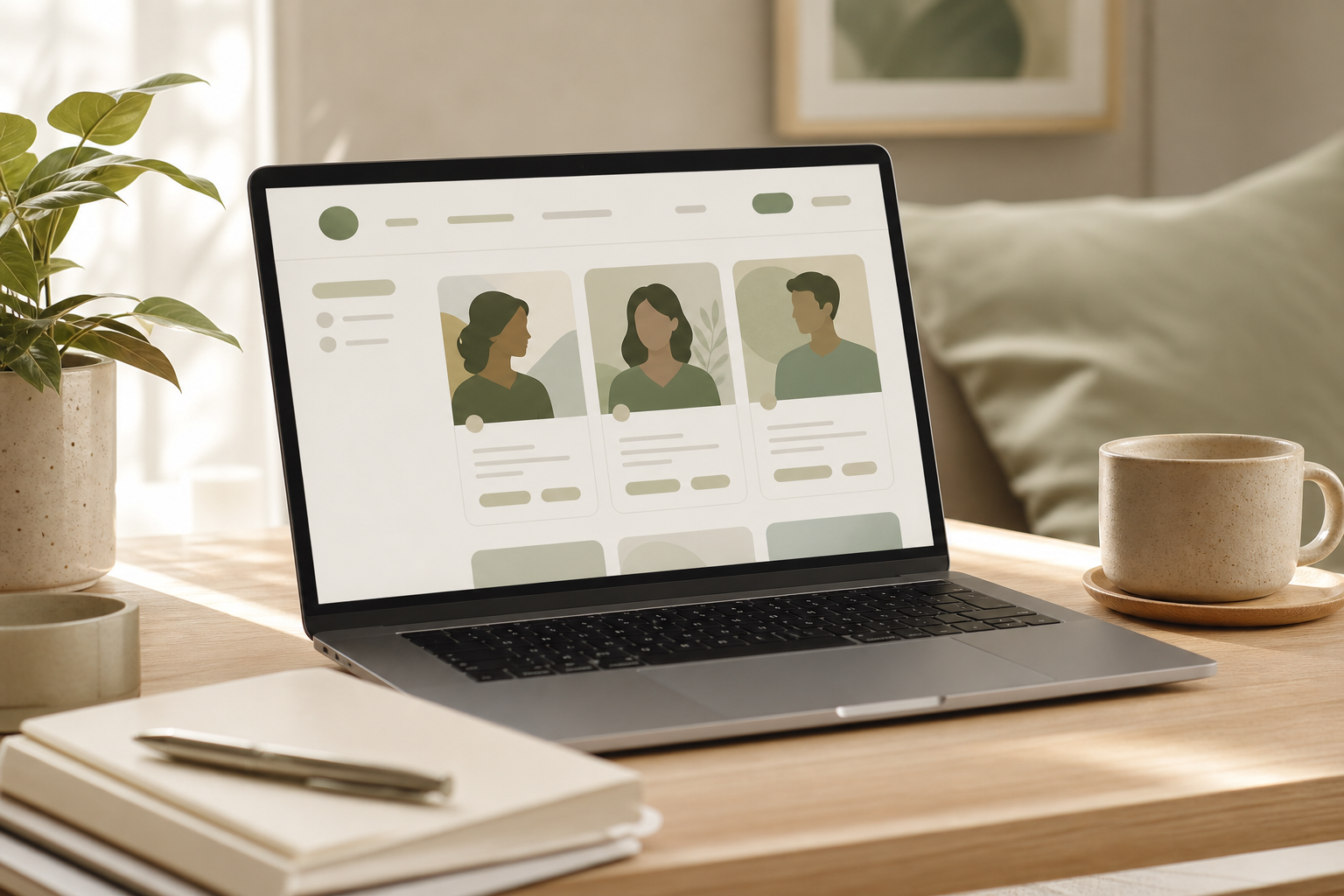 Notebook aberto em um ambiente profissional, sugerindo visibilidade online