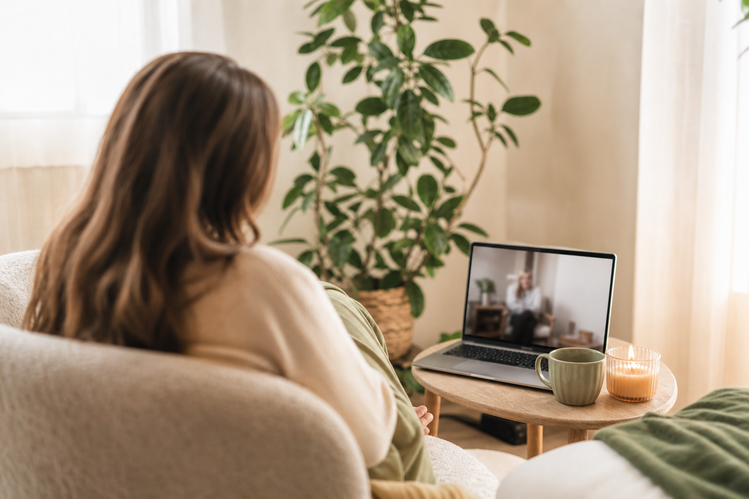 Espaço aconchegante preparado para uma sessão de terapia online